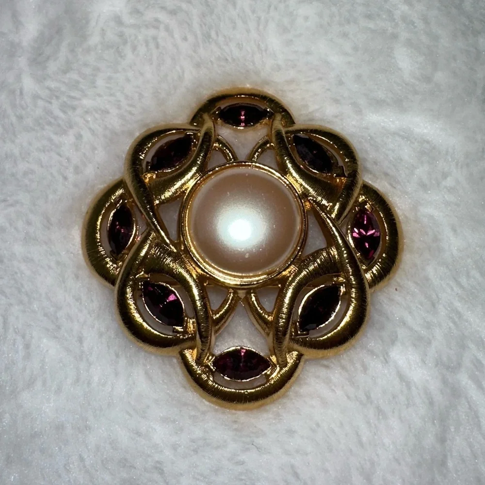 Monet Gold and crystal Purple stone Brooch with Pearl Center vintage look